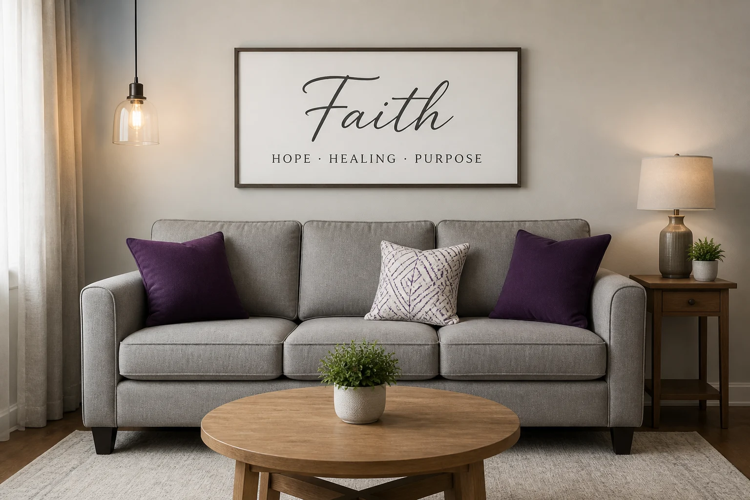 Illustrative living room with a grey sofa, purple cushions and Faith wall art